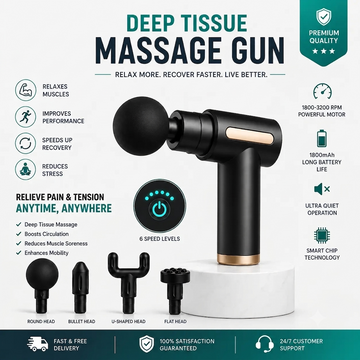 Rechargeable Deep Tissue Massage Gun – 6 Speeds & 4 Heads